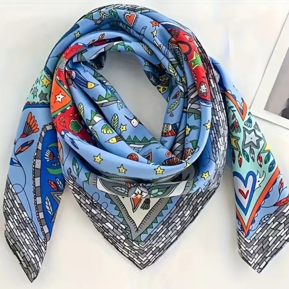 New Light Blue Scarf Hair Head Lightweight Satin Silk Tree Heart Bird 35" x 35"